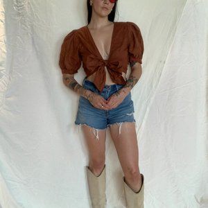 Brown Puff Sleeve Crop Top